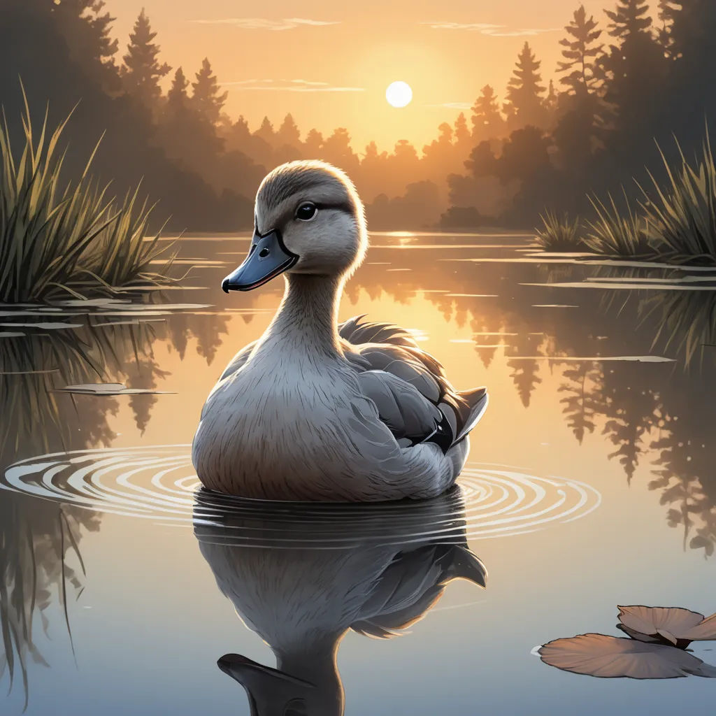 a duck is sitting in the water near the shore of a lake at sunset or dawn with a reflection of the water, photorealism, a digital painting, Dan Mumford, highly detailed digital painting