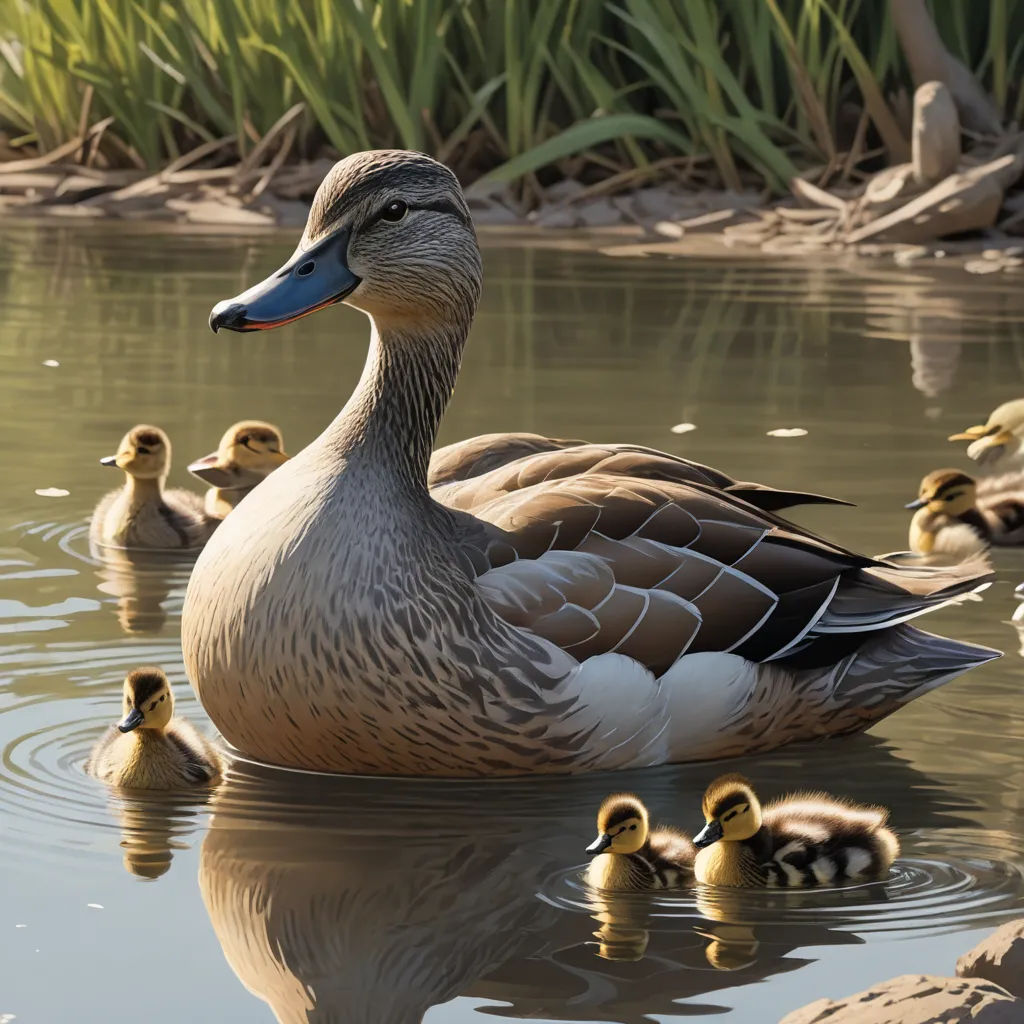 a duck with her ducklings swimming in a pond of water with grass in the background and a rock wall, photorealism, a photorealistic painting, Chris LaBrooy, highly detailed digital painting