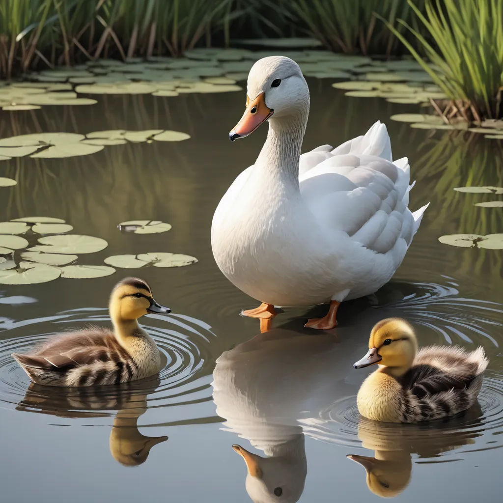 a duck and two ducklings in a pond with lily pads and water lillies in the background,, photorealism, a photorealistic painting, Anne Said, highly detailed digital painting