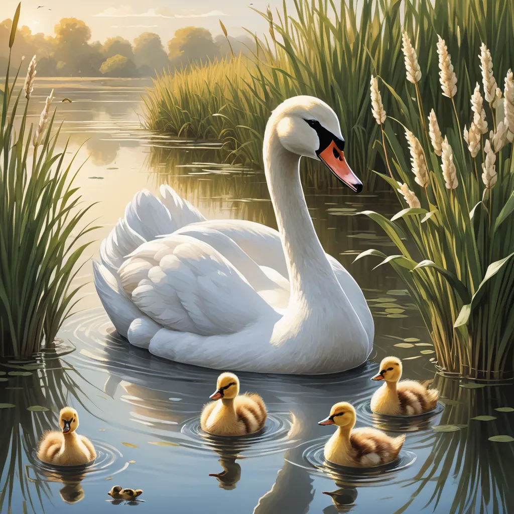 a family of ducks swimming in a pond with reeds and reeds in the background, with a duckling in the foreground, massurrealism, a storybook illustration, David Martin, highly detailed digital painting
