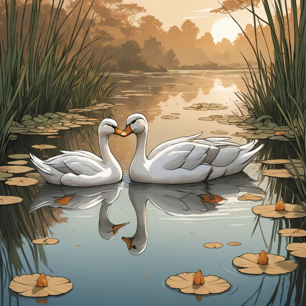 two white swans swimming in a pond with lily pads and lily pads on the water's surface, with a sunset in the background, romanticism, a storybook illustration, David Martin, official art