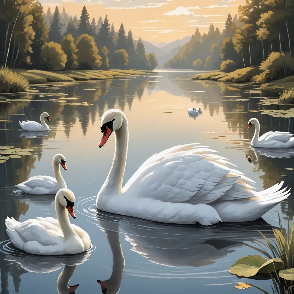 a painting of two swans swimming in a lake with a forest in the background and a sunset in the sky, magic realism, an ultrafine detailed painting, Dan Mumford, highly detailed digital painting