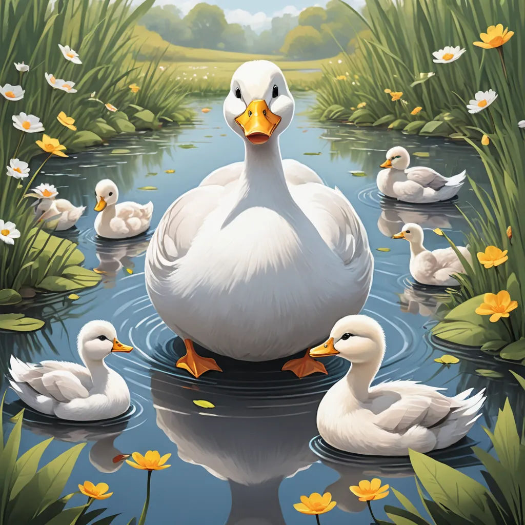 a painting of a duck and her ducklings in a pond of water with lily pads and yellow flowers, environmental art, a storybook illustration, Chris LaBrooy, storybook illustration