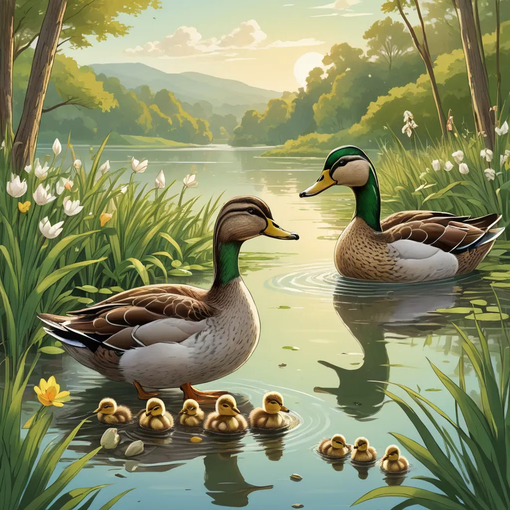 two ducks are sitting in the water with their babies in the pond and some flowers in the water behind them, american scene painting, a storybook illustration, Brothers Hildebrandt, nature