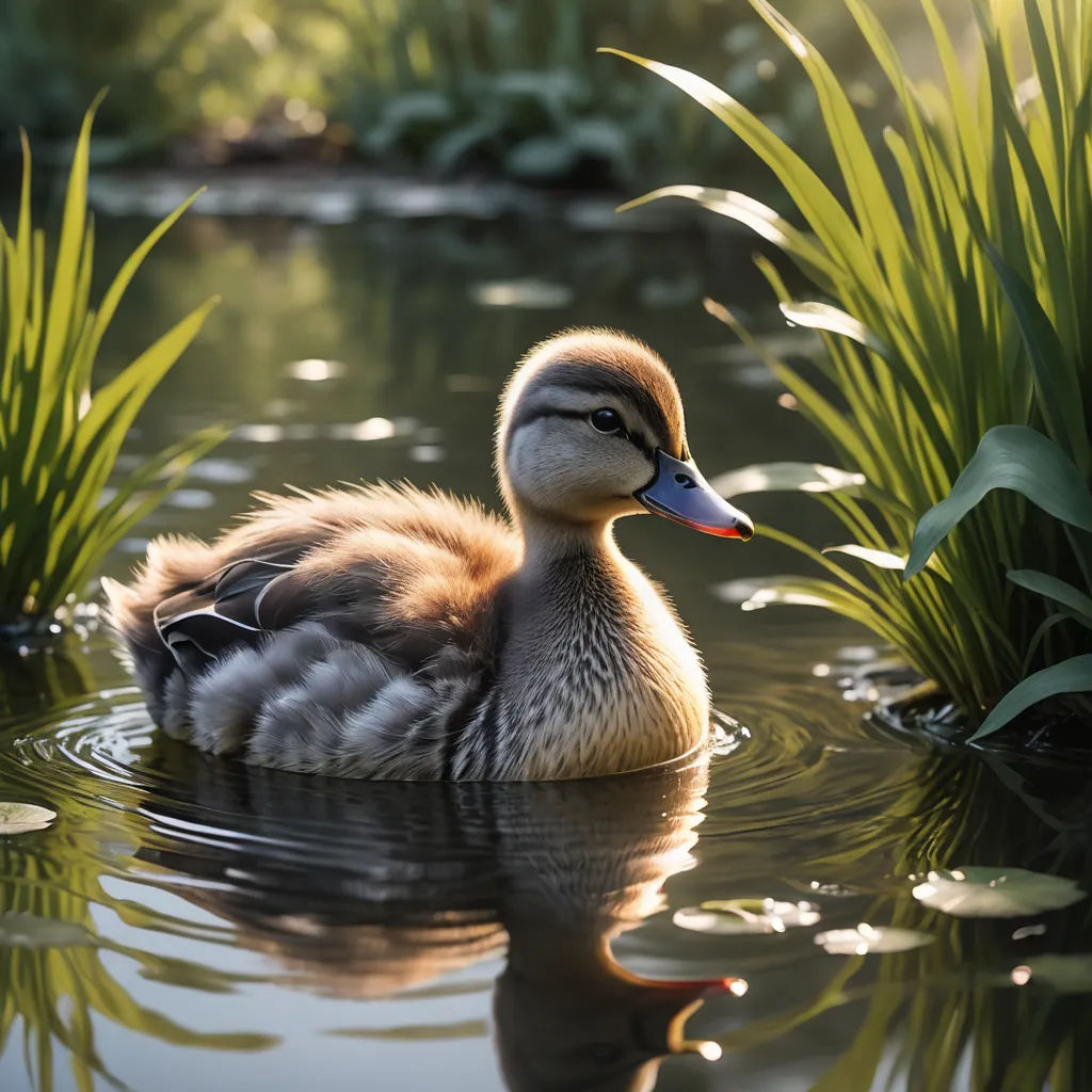 a duck swimming in a pond surrounded by tall grass and water lillies, with a blue beak and orange bill, art photography, a stock photo, Bernd Fasching, animal photography