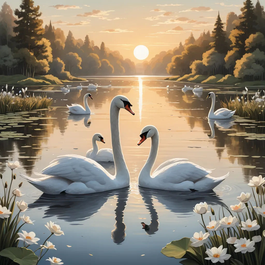 a painting of swans swimming in a lake at sunset with lily pads and daisies in the foreground, magic realism, a detailed matte painting, Christophe Vacher, highly detailed digital painting
