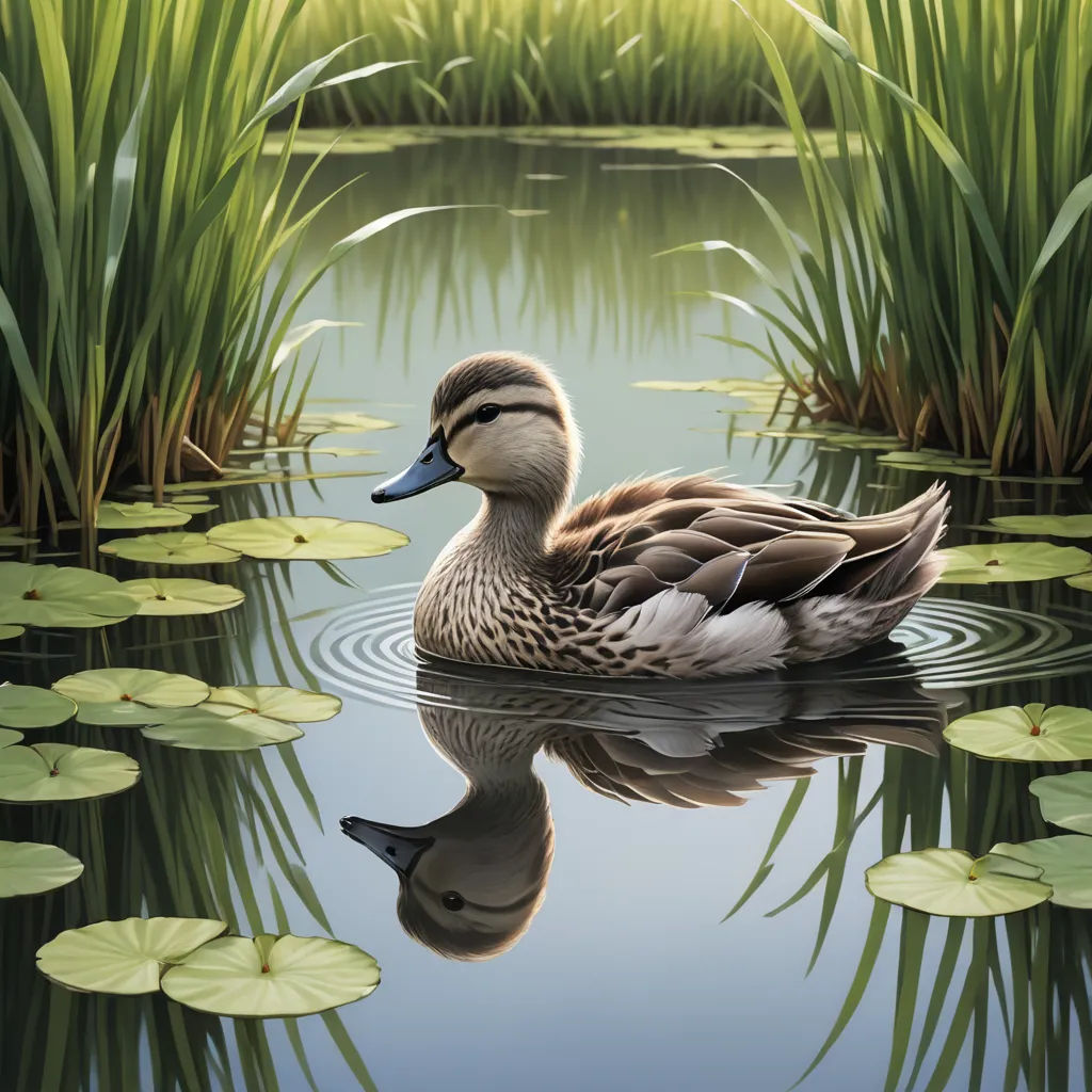 a duck is swimming in a pond with lily pads and green grass in the background, with a reflection of the duck, photorealism, a photorealistic painting, Arie Smit, highly detailed digital painting