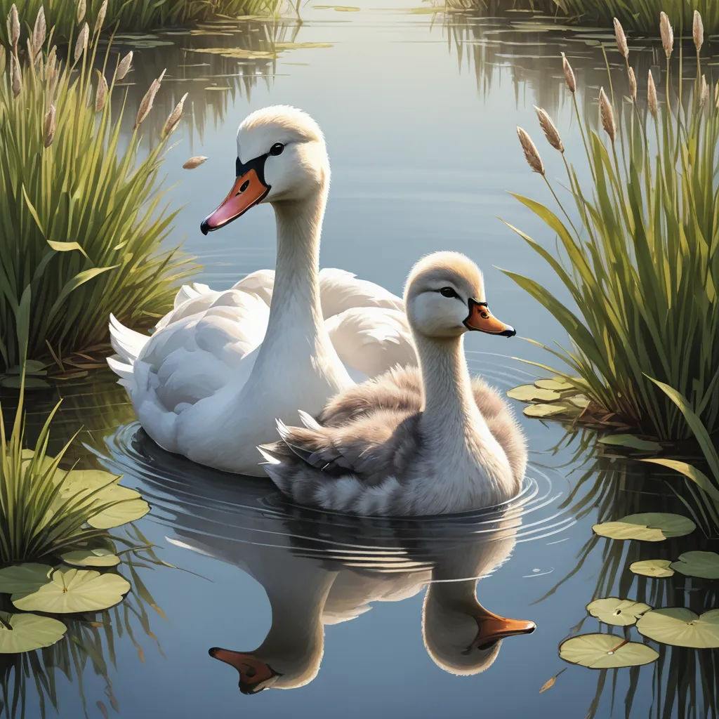two ducks are swimming in a pond with lily pads and reeds in the background, with a sunlit sky, photorealism, a photorealistic painting, Brothers Hildebrandt, highly detailed digital painting