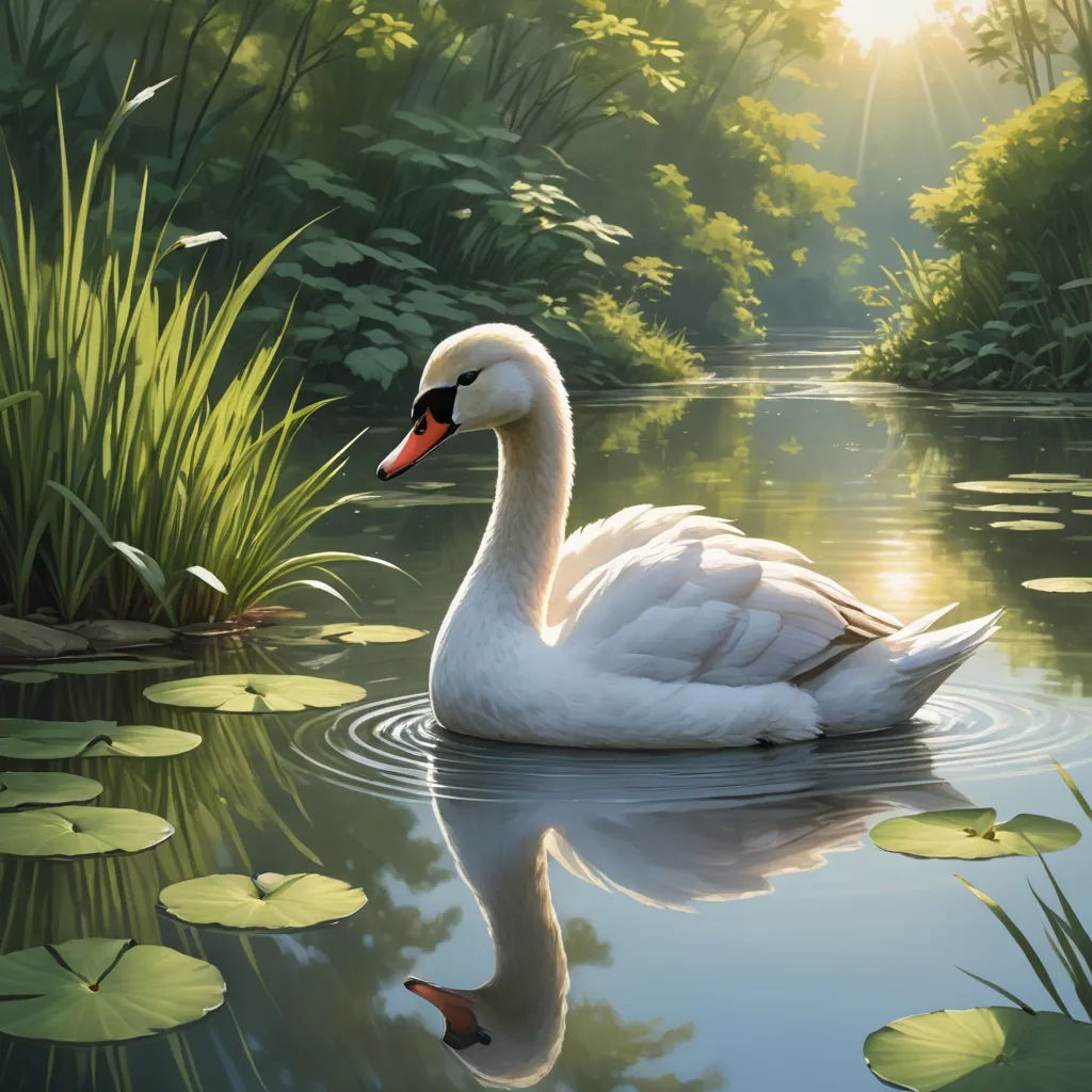 a white swan floating on top of a lake surrounded by green plants and lily pads on a sunny day, magic realism, a digital painting, David Martin, highly detailed digital painting