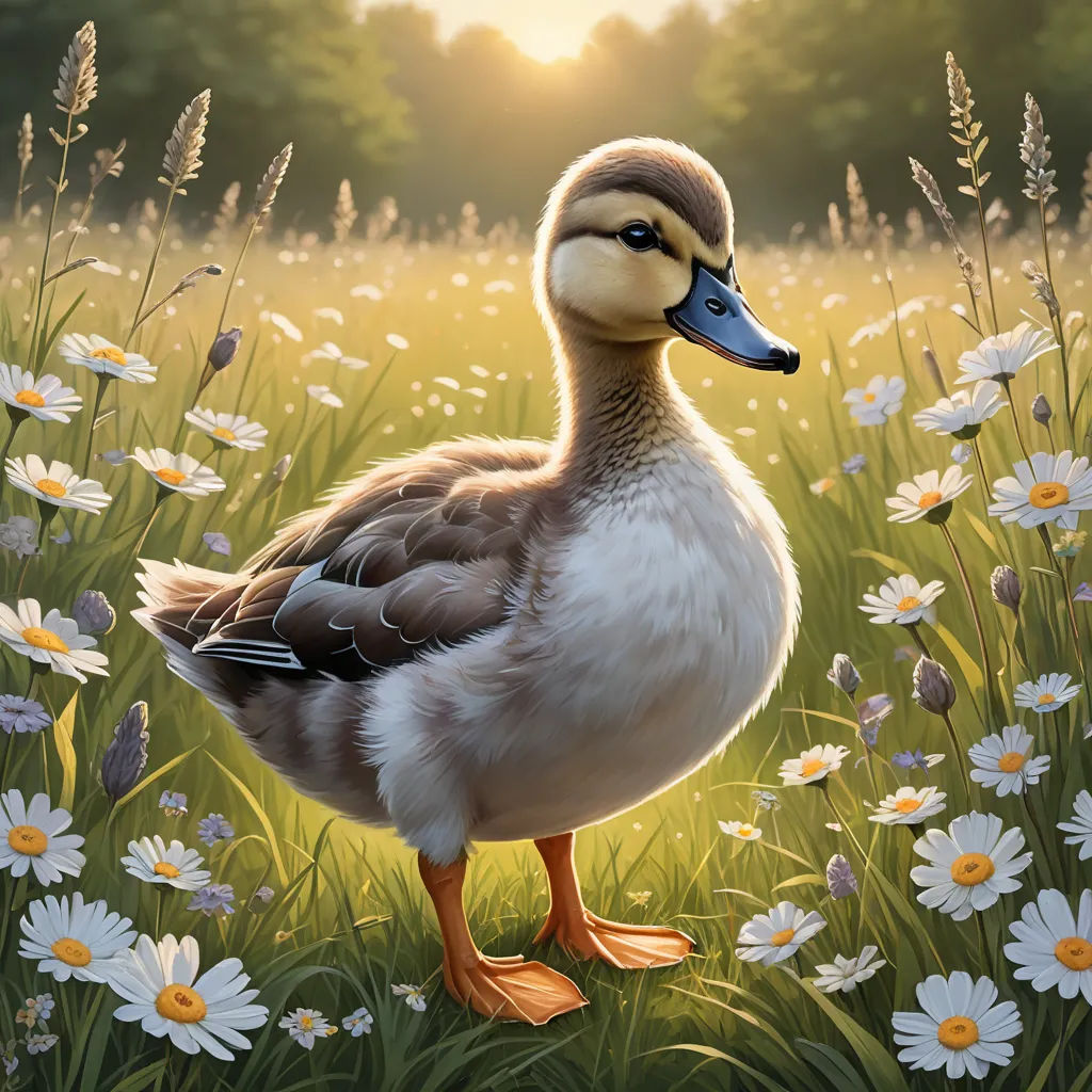 a duck standing in a field of daisies and daisies with the sun shining behind it and a field of daisies with daisies in the foreground, sots art, a digital painting, Chris LaBrooy, professional digital painting