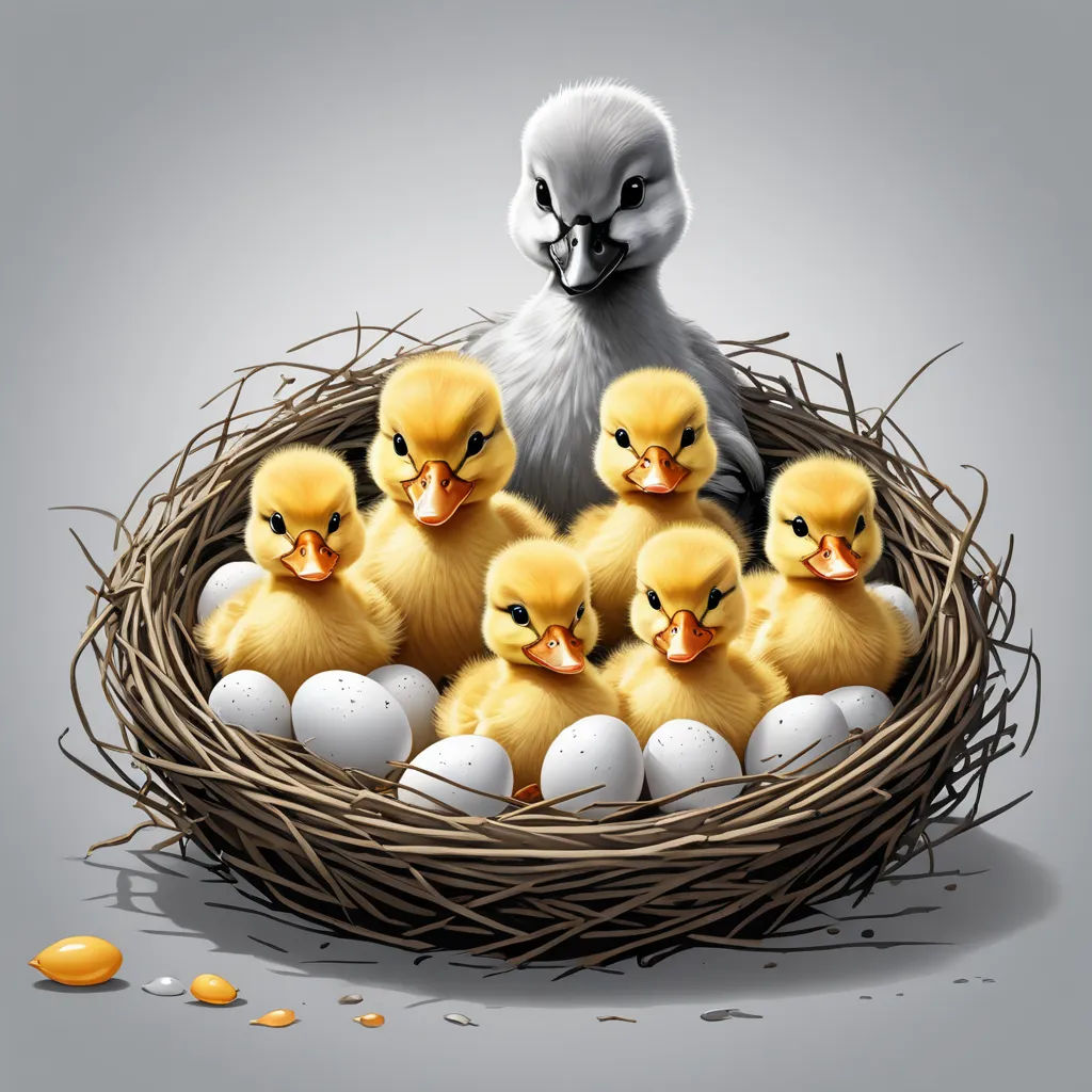 a group of little yellow ducks sitting in a nest with eggs in it and a white bird in the background, pop surrealism, an ultrafine detailed painting, Cyril Rolando, highly detailed digital painting