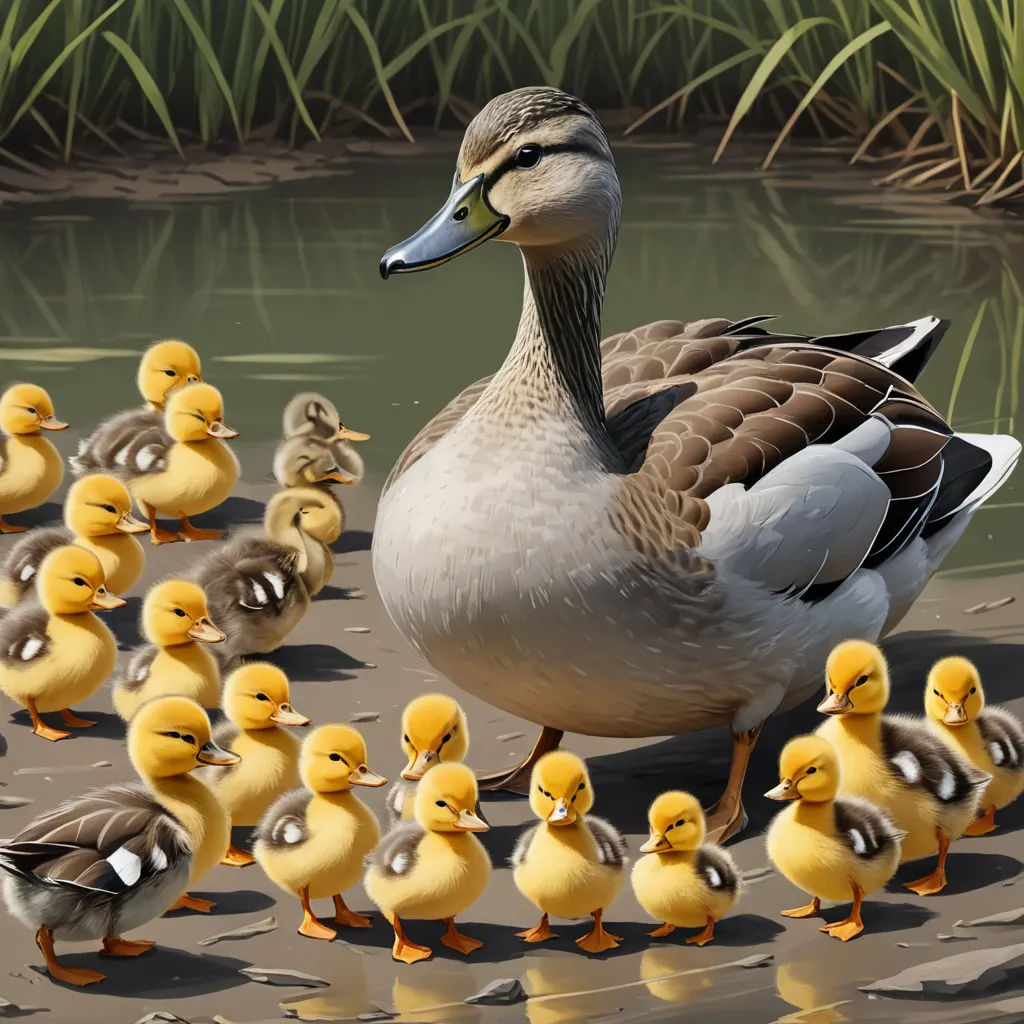 a duck with a group of ducks in the water near a pond of water lilies and grass in the background, photorealism, an ultrafine detailed painting, Chris LaBrooy, highly detailed digital painting