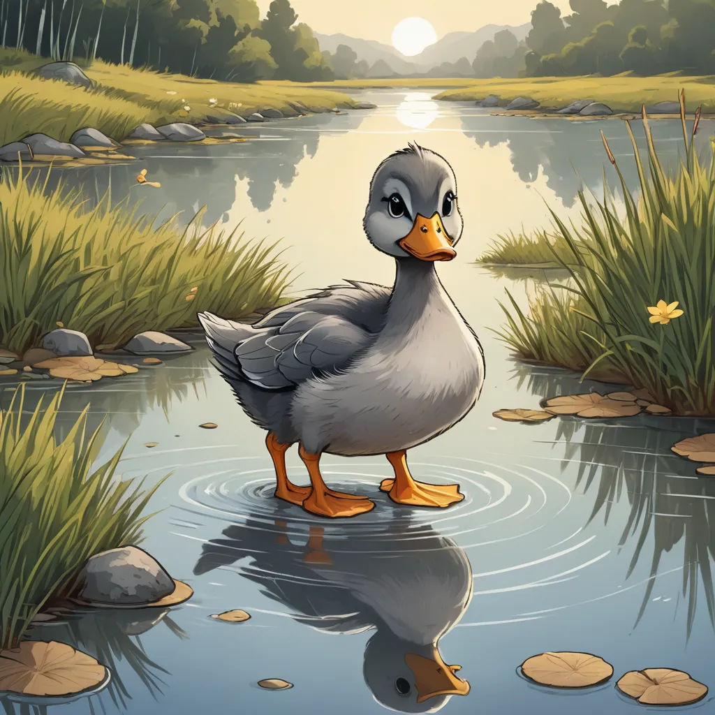 a duck standing in a pond of water near grass and rocks with a sun in the background and a riverbank with rocks and grass, furry art, a storybook illustration, Chris LaBrooy, storybook illustration