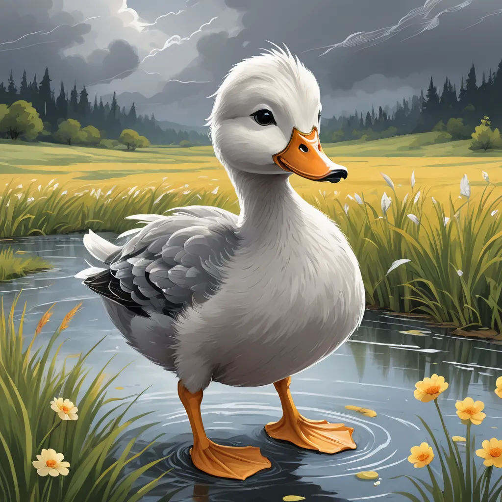 a duck standing in a pond of water with a cloudy sky in the background and flowers in the foreground, furry art, a digital painting, Chris LaBrooy, professional digital painting