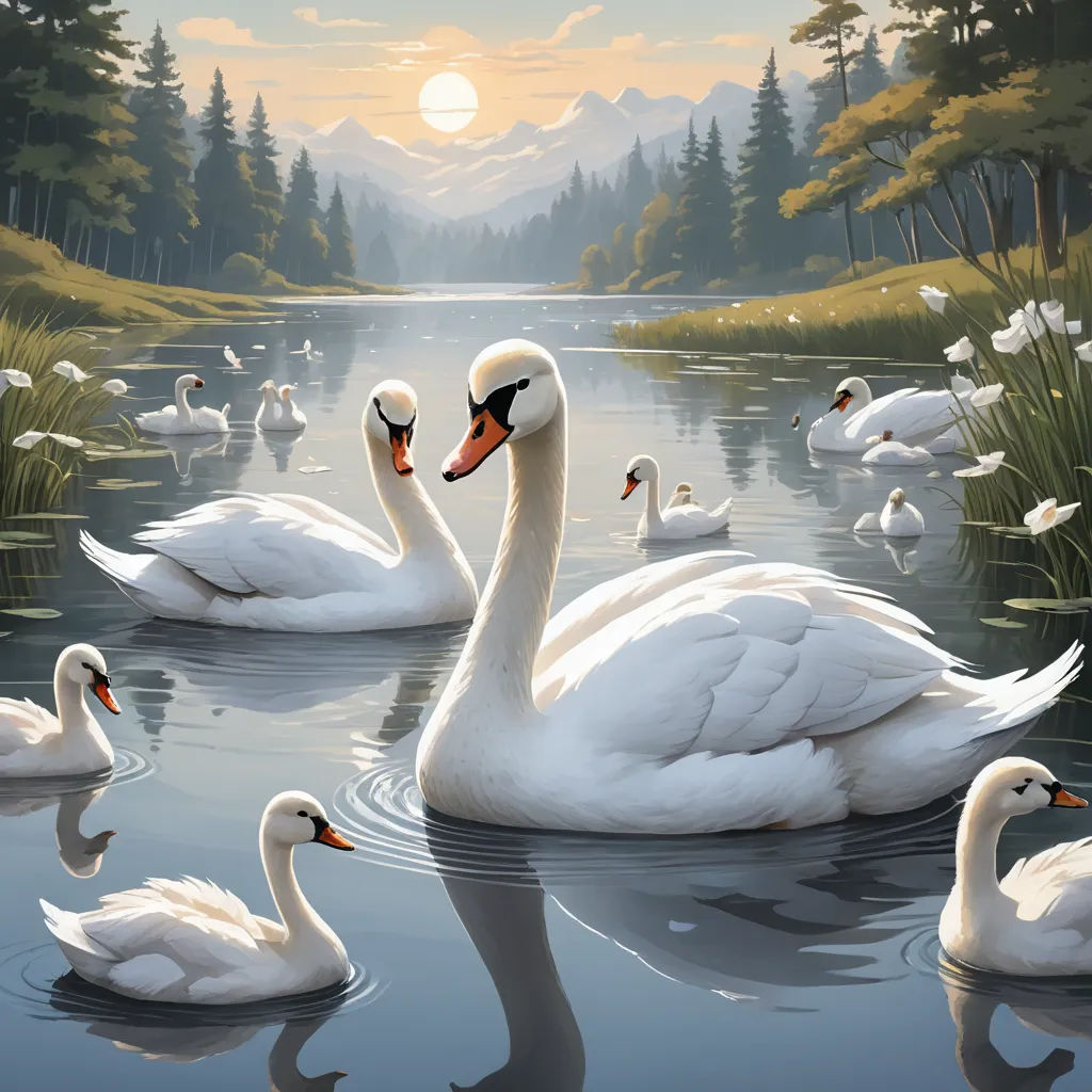 a painting of swans swimming in a lake with a sunset in the background and trees and grass in the foreground, fantasy art, a detailed matte painting, Christophe Vacher, highly detailed digital painting
