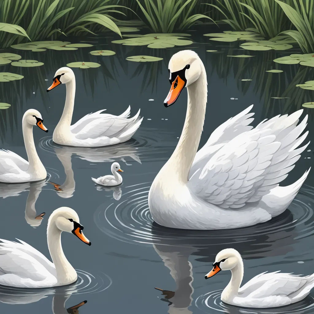 a group of swans swimming in a pond with lily pads on the water's surface and green grass in the background, naturalism, a storybook illustration, David Martin, highly detailed digital painting