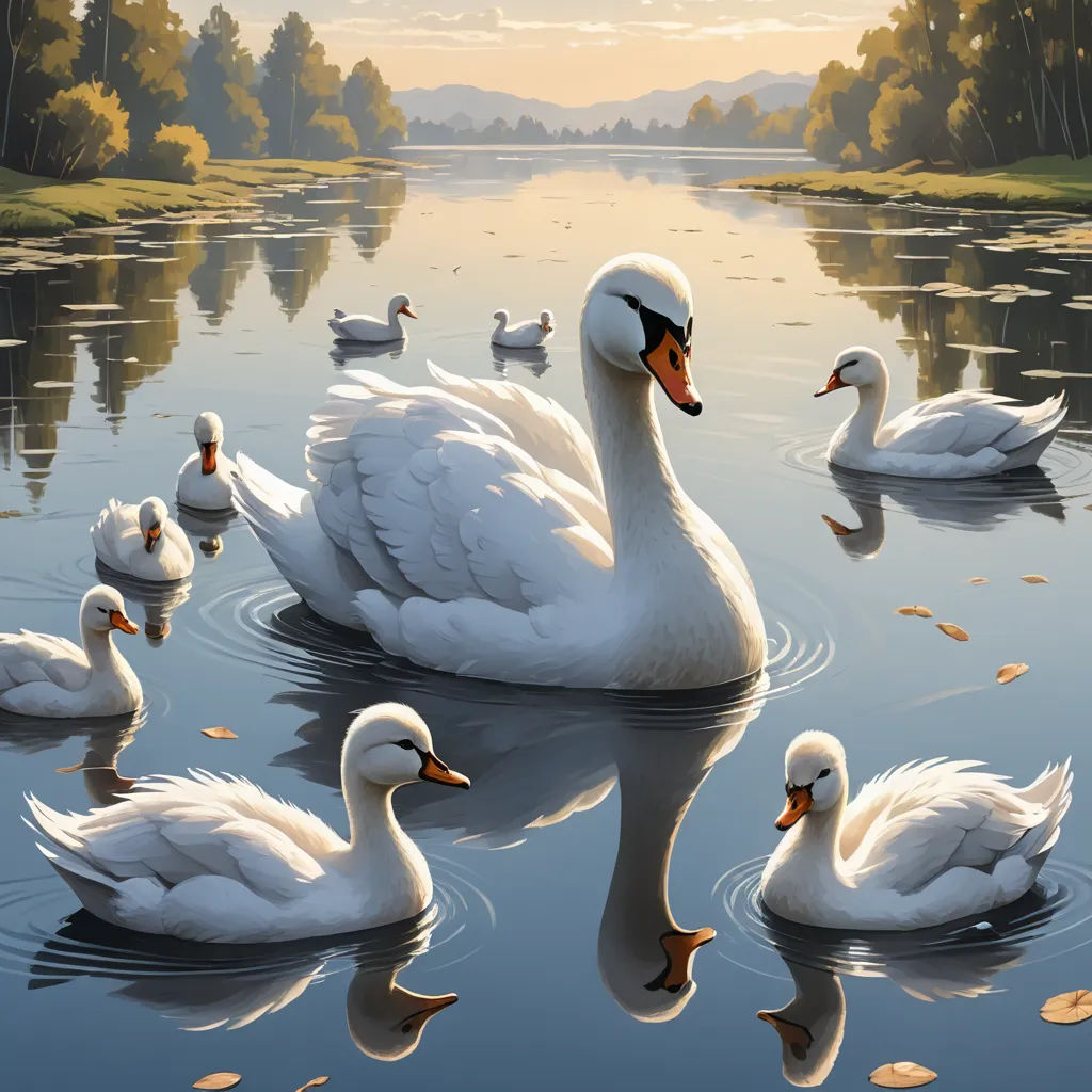 a painting of a family of ducks swimming in a lake with their babies in the water and trees in the background, fantasy art, an ultrafine detailed painting, Dan Mumford, highly detailed digital painting