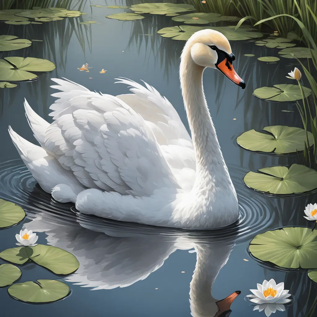 a white swan floating on top of a lake surrounded by lily pads and water lilies with a butterfly, fantasy art, a digital painting, David Martin, highly detailed digital painting