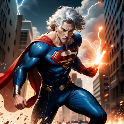 a man in a superman suit is holding a sword and a lightning bolt in the background of a city