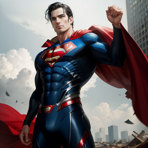 a man in a superman suit standing in front of a city skyline with a red cape on his shoulders
