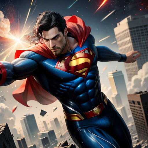 a man in a superman suit flying through the air with a city in the background and fireworks in the air