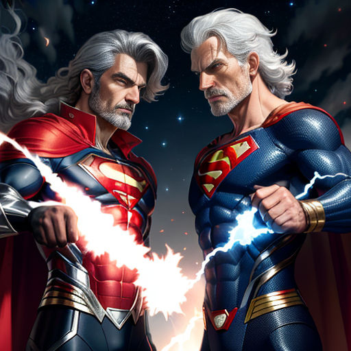 two men in superman and wonder costumes standing next to each other with their hands on their hipss, with a sky background