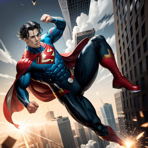 a man flying through the air while wearing a superman costume and holding a sword in his hand and a city in the background