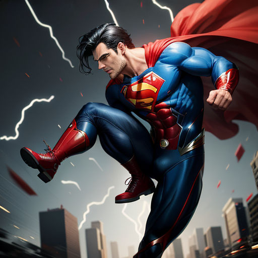 a man in a superman suit is flying through the air with lightning behind him and buildings in the background