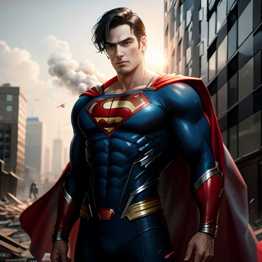 a man in a superman suit standing in front of a city skyline with a cigarette in his mouth and a red cape