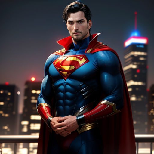 a man in a superman suit standing in front of a city skyline at night with a red cape on