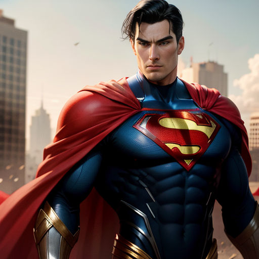 a man in a superman suit standing in front of a city skyline with a red cape on his head