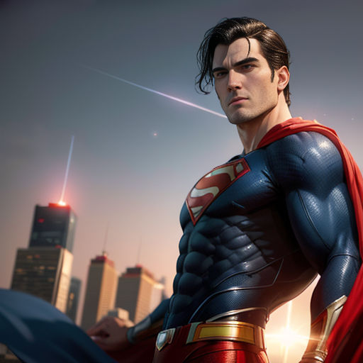 a man in a superman suit standing in front of a city skyline with a rocket in the background and a jet flying overhead