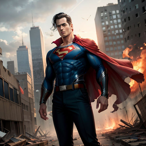 a man in a superman suit standing in a destroyed city street with a fire in the background and a building on fire