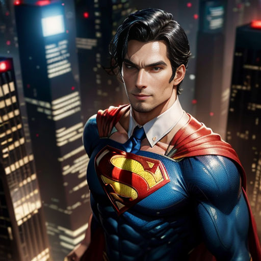 a man in a superman suit standing in front of a city skyline at night with a city skyline in the background