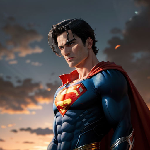 a man dressed as superman standing in front of a sunset with clouds in the background and a red cape