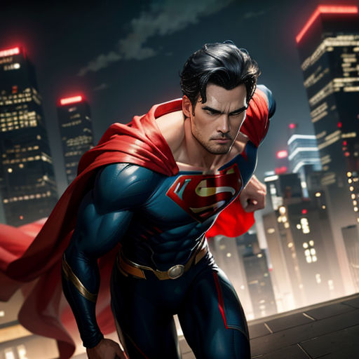 a man in a superman suit is standing in front of a cityscape at night with a red cape