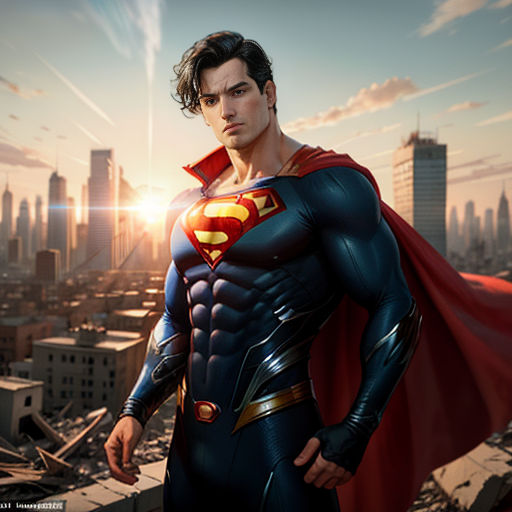 a man in a superman suit standing in front of a city skyline with a bright sun behind him and a red cape