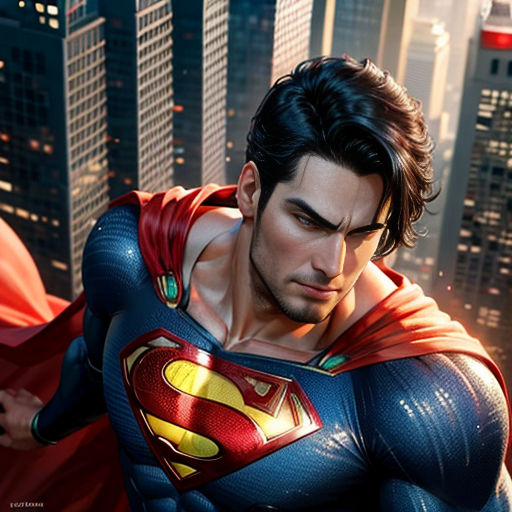 a man in a superman suit standing in front of a city skyline with skyscrapers and skyscrapers in the background