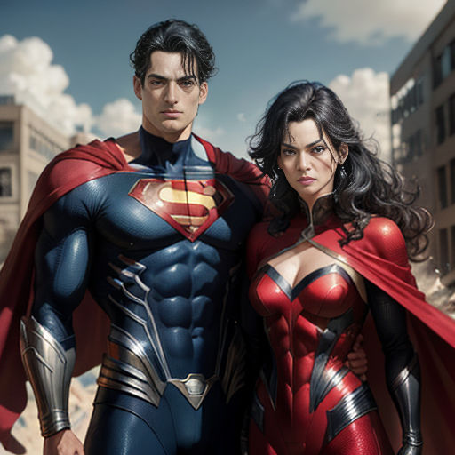 a man and a woman dressed as superman and wonder woman standing in a city street with buildings in the background
