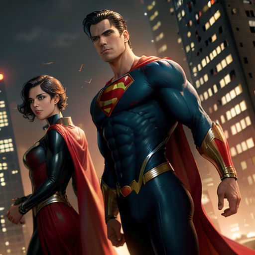 a man and a woman dressed as superman and wonder woman in a city at night with skyscrapers in the background