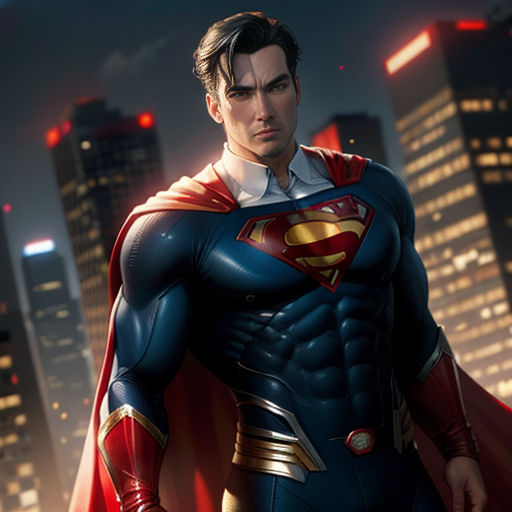 a man in a superman suit standing in front of a city at night with his hands on his hips