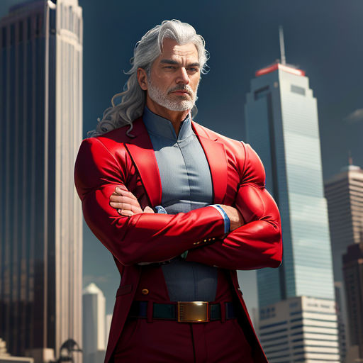 a man in a red suit standing in front of a cityscape with his arms crossed and his arms crossed