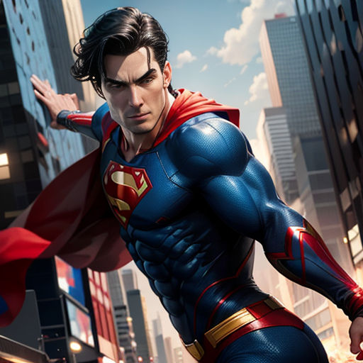 a man in a superman suit is flying through the air over a cityscape with skyscrapers and buildings
