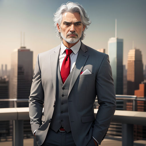 a man in a suit and tie standing on a balcony with a city skyline in the background and a red tie