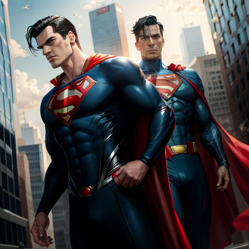 two men in superman suits standing in a city street with skyscrapers in the background, one of them is wearing a red cape