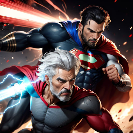 a man with a beard and a beard standing next to another man in a superman suit and a cape