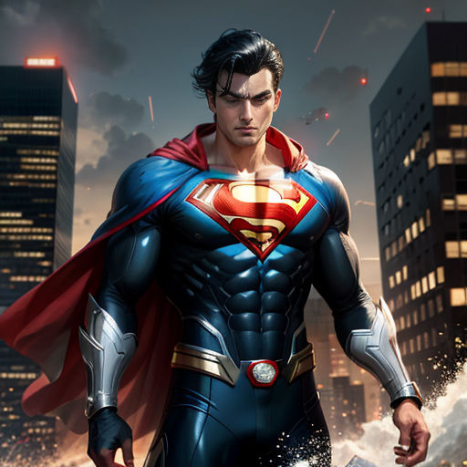 a man in a superman suit standing in front of a city skyline with a hammer in his hand and a hammer in his other hand