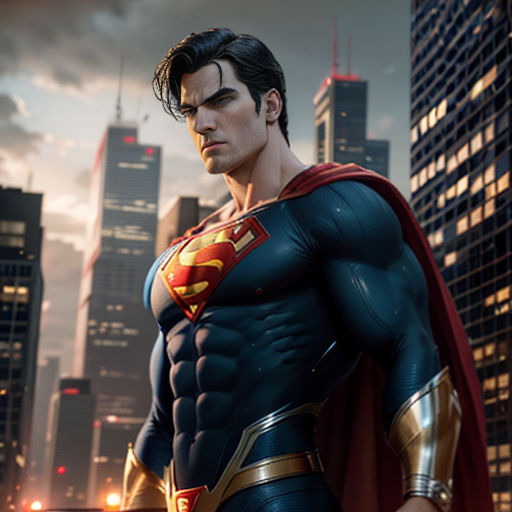 a man in a superman suit standing in front of a city skyline at night with a city skyline in the background