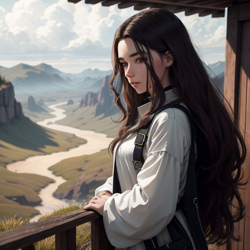 a woman with long hair standing on a balcony looking at the mountains and river below her, with a backpack on her shoulder