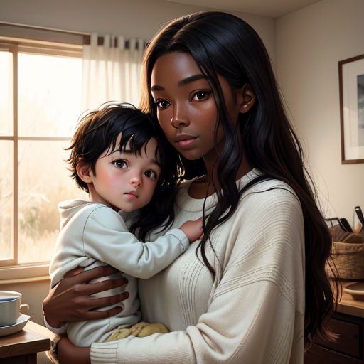 a woman holding a child in her arms in a room with a window and a table with a cup